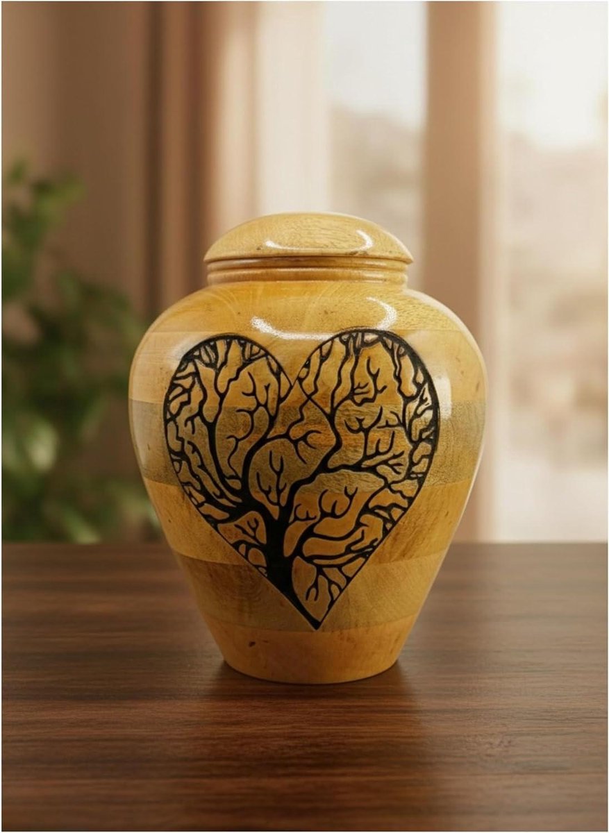 Houten Urn - Gedenk Urn Hart Urn - Herinnering bewaren - Levensboom Hart Gravure - 203 cm hoog - Mangohout