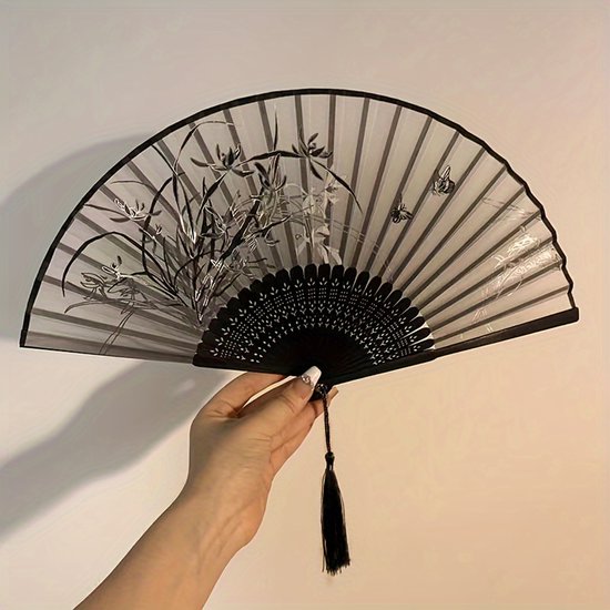 Éventail pliant 2 pièces | Style asiatique, style chinois antique, éventail à pompons | Éventail de danse portable, éventail de mariage | Accessoires Hanfu/Qipao | Décoration d'intérieur (Orchidée)