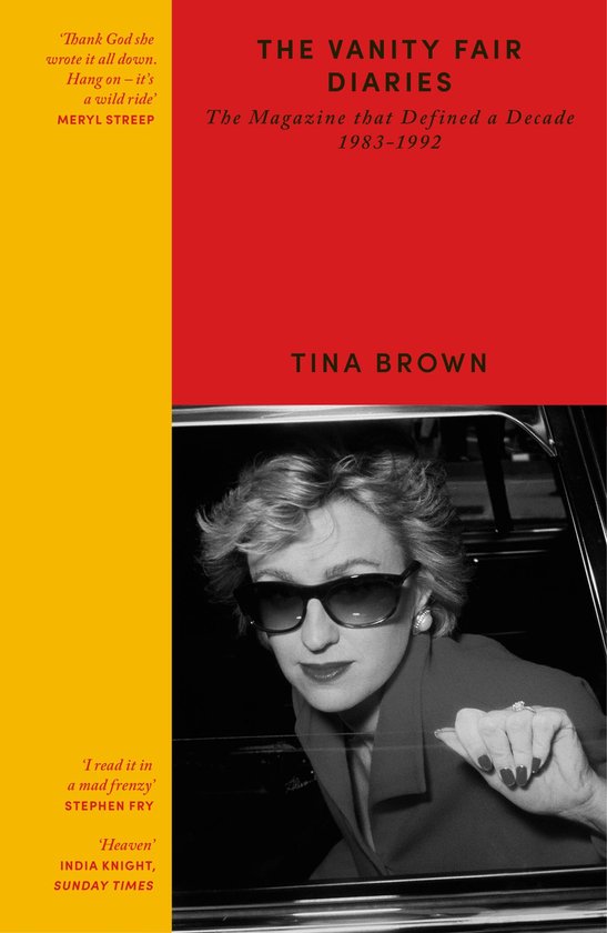 Boek 'The Vanity Fair Diaries' met een foto van Tina Brown in een zonnebril en de tekst 'The Magazine that Defined a Decade 1983-1992'.