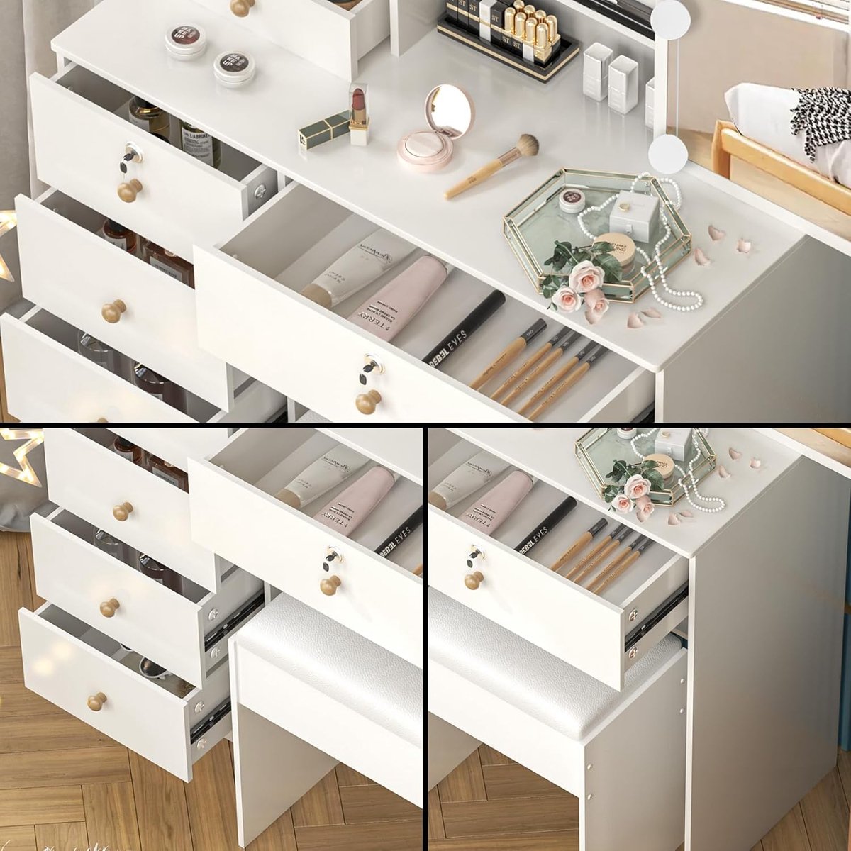 Make-uptafel met LED-verlichting en Spiegel – Hollywood Schminktisch met 10 Dimbare Lampen, 3 Lichtkleuren, 5 Lades, Open Opbergvakken en Schuifrails – 130x80x36 cm – Modern Kaptafel Dressing Table – abtkantoor (Kleur 05)