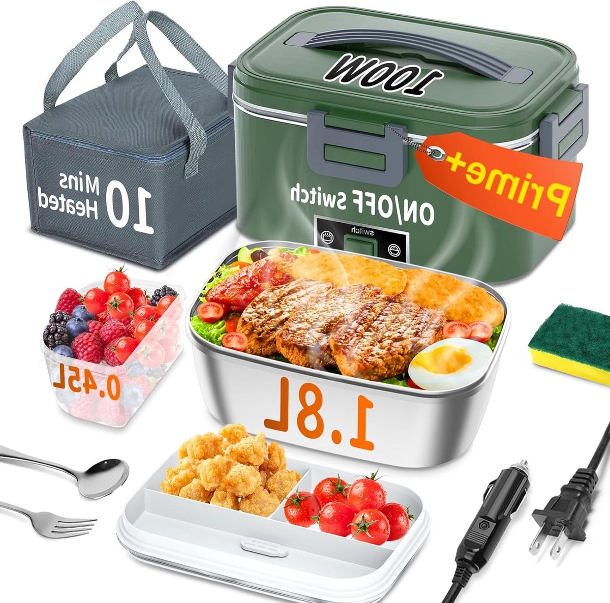 Verwarmde Lunchbox - Elektrische Voedselwarmer - Warme Maaltijden Onderweg - Supersnel Opwarmen - 1.8 Liter Capaciteit - Groen