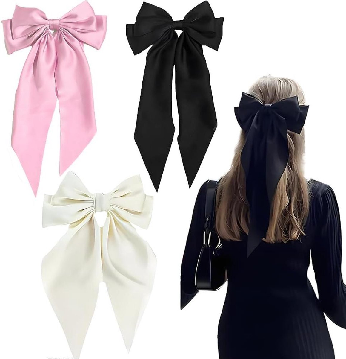 Haarlint Strik - Lint Clips - Haar Styling - Zijdezacht Satijn - Grote Strik - Drie Kleuren