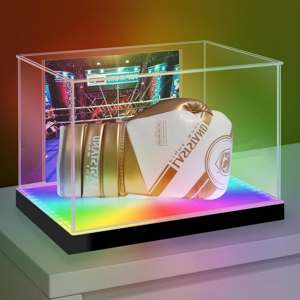 Acryl Displaykast met LED Verlichting voor Handtekening Boxing Gands, UV- en Stofbescherming, Inclusief Ondersteuning en Fotohouder