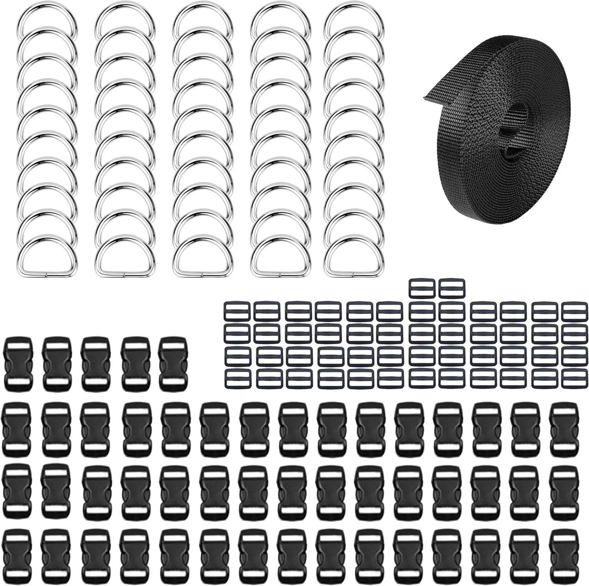 Verstelbare mini gespen voor rugzakken en koffers - 50 stuks zwarte nylon riemgespen (10mm) met 10 meter strap