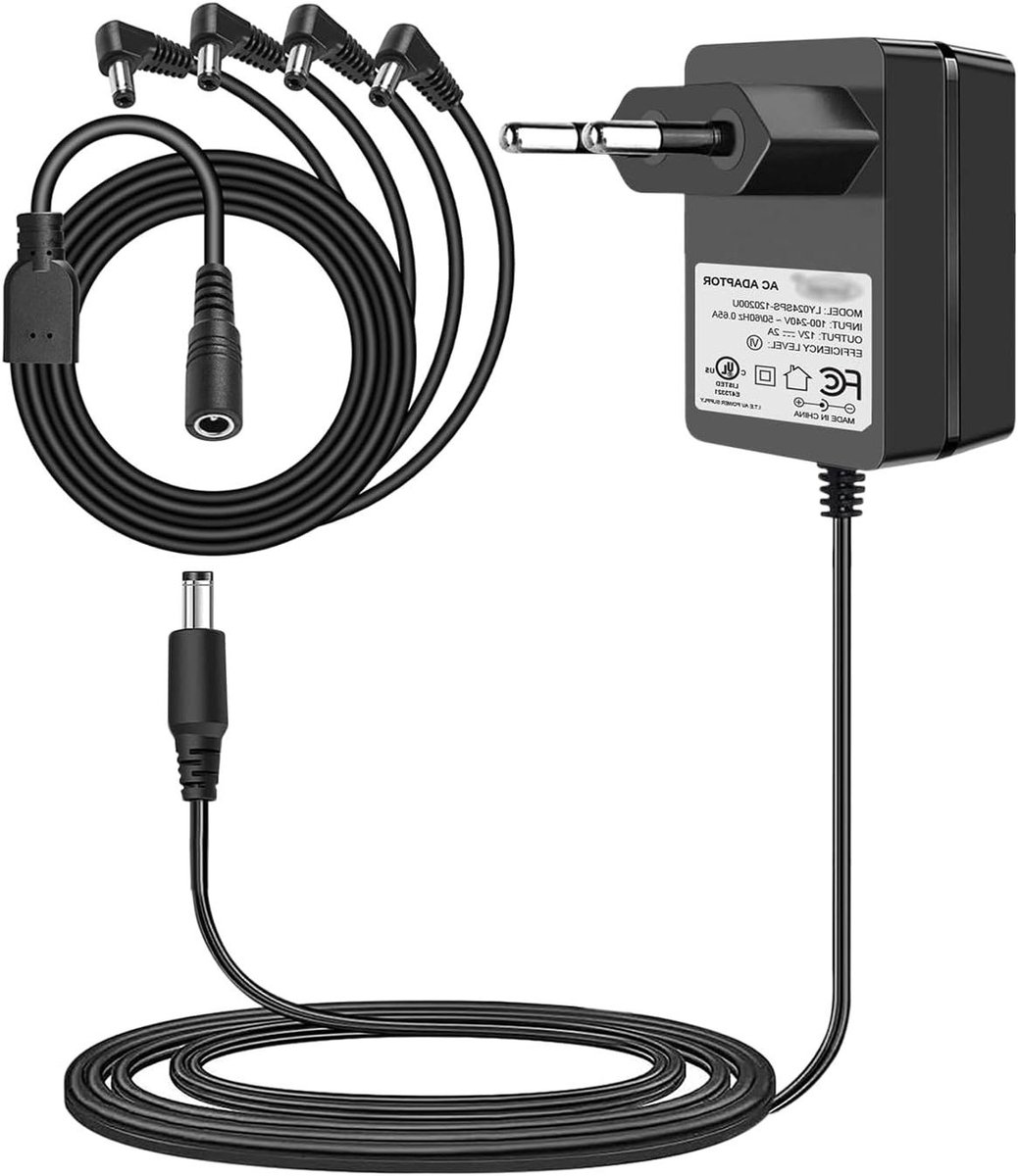 Stroomadapter Camera - Voeding LED Strip - Beveiligingssystemen Installeren - 1 naar 4 Splitterkabel - 12V 2A - Zwart