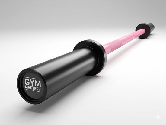Zwarte halterstang met roze grip en zwarte uiteinden met 'Gym Masters' logo.