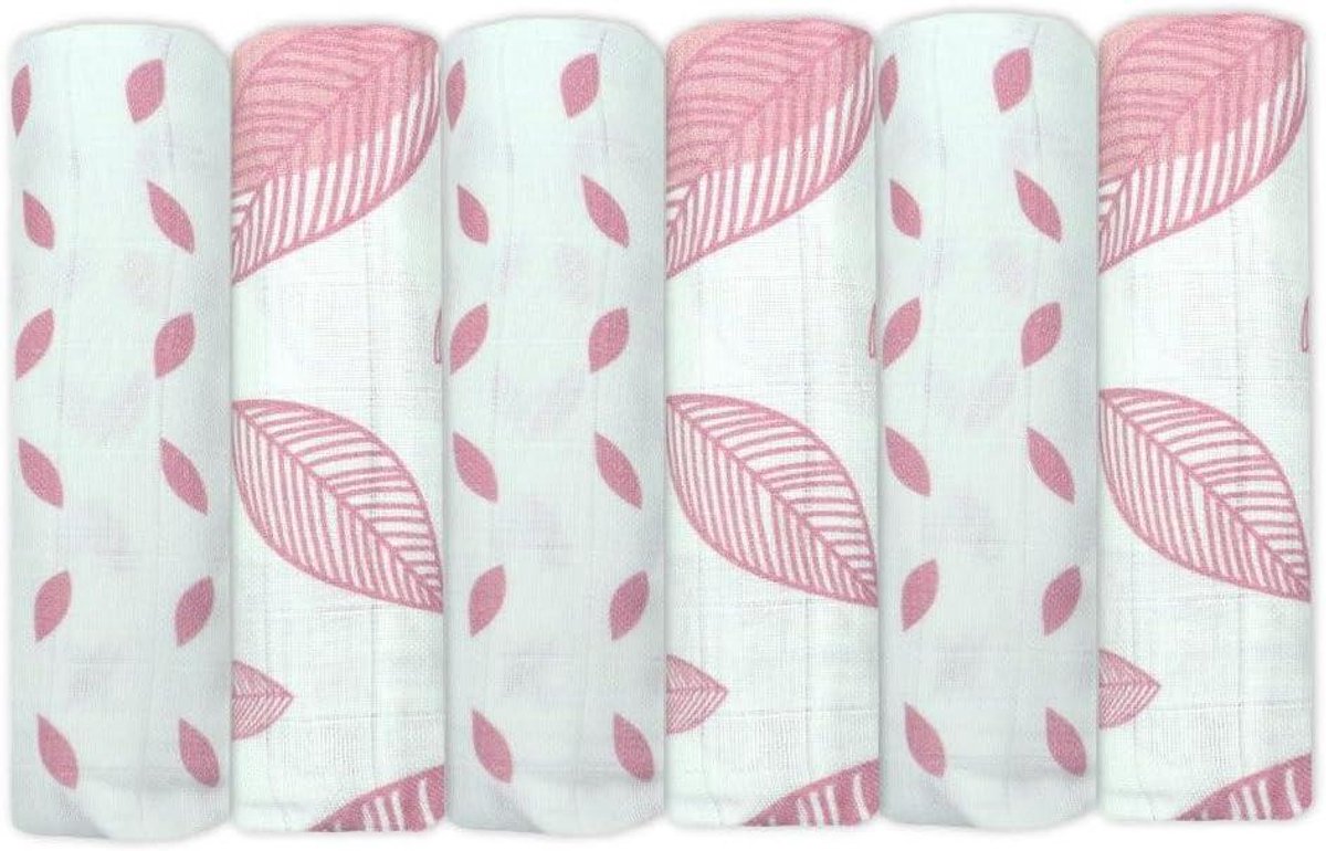 Babydoeken Mousseline - Spuugdoekjes Luiers - Baby Verzorging - Ademend Bamboe Katoen - 6 stuks 70x70cm - Roze Bladeren