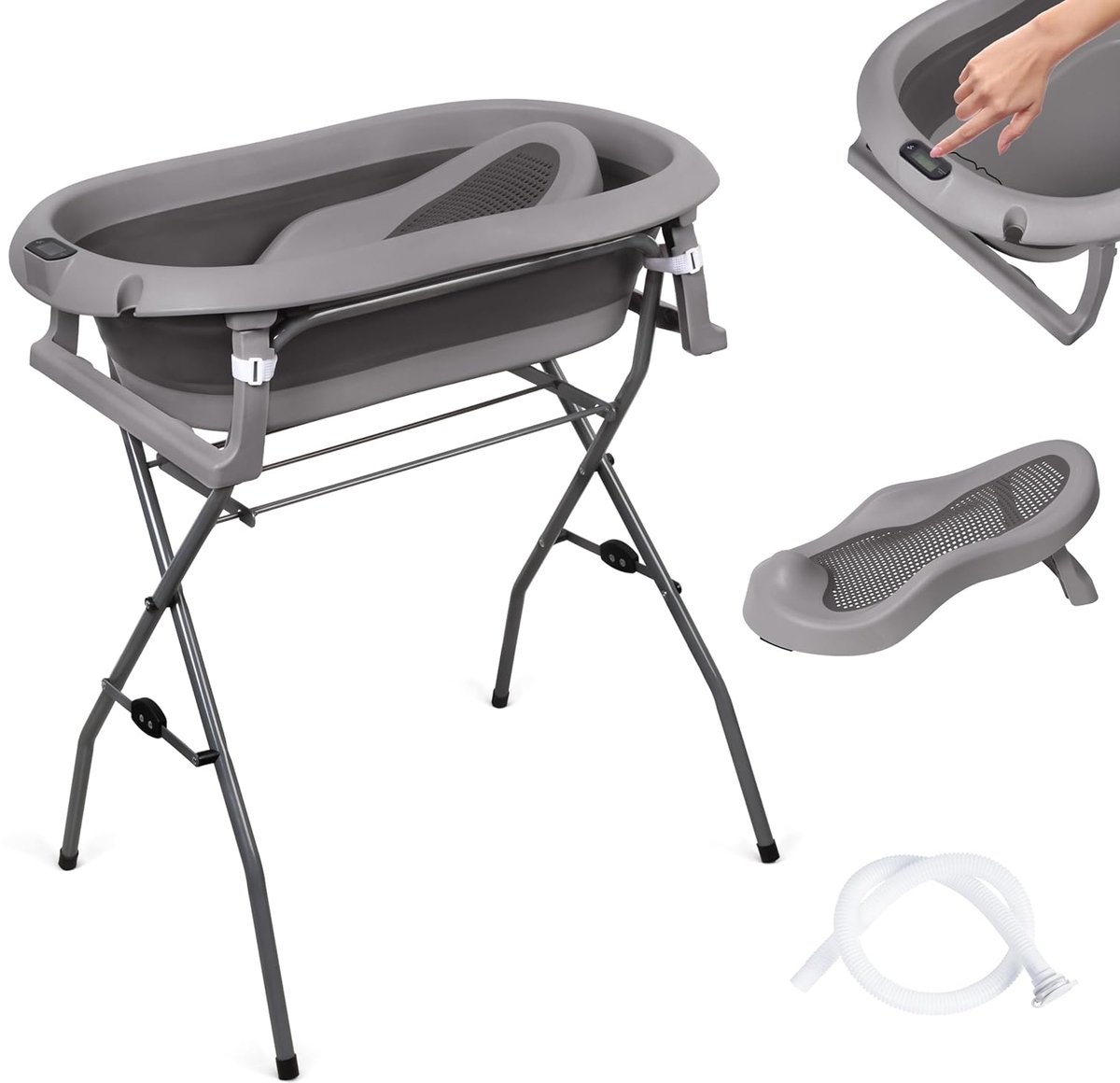 moovkee. Babybad met Standaard 80 cm - Opvouwbare Babybadewanne Donkergrijs met Thermometer, Badesitz en Afvoersysteem - Veilig Babybad voor Pasgeborenen