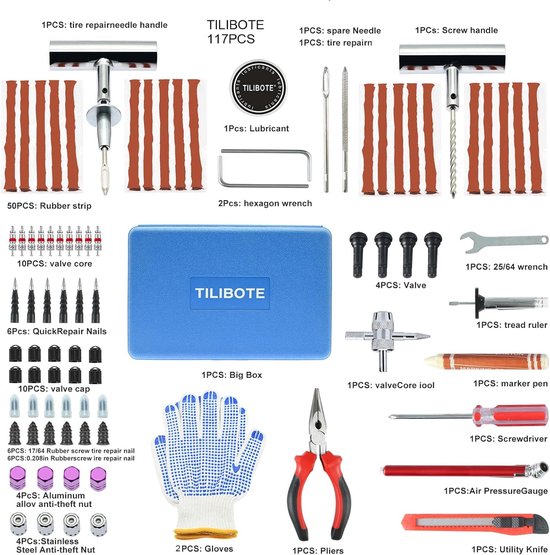 Bandenreparatieset - Lekke band reparatie - Bandenservice - Heavy-duty 117-delig - Universeel - Blauw van Merkloos — afbeelding 5