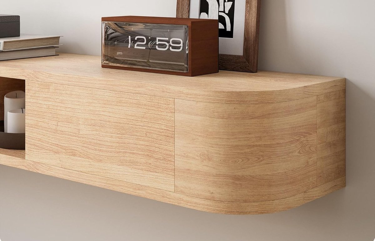 Zwevend TV-Meubel 160 cm Eikenlook met Deuren, Opbergruimte en Kabelmanagement, Wandgemonteerd Lowboard met Afgeronde Hoeken – Urbanhome