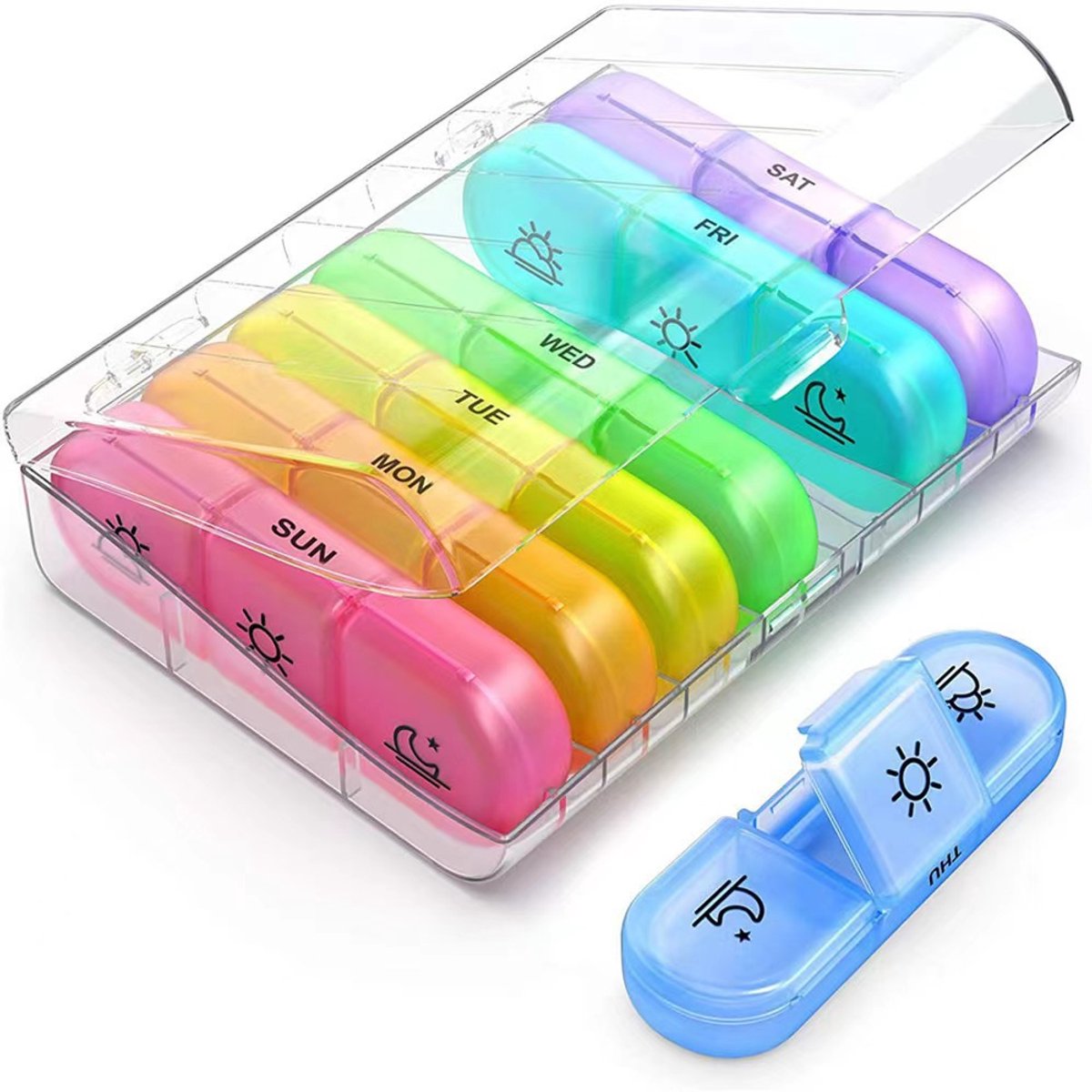 Medicijnorganizer — Ruime 7-daagse pillendoos (met afzonderlijke vakjes); draagbare pillenorganizer, geschikt voor het bewaren van medicijnen, vitaminen, visolie en diverse voedingssupplementen.