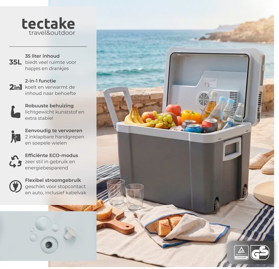 tectake® Elektrische Koelbox - 35 Liter - Warmhoud Box Met Handvat en Wielen - 12V & 230 Volt Aansluiting - Auto Thermobox met Scheidingsrooster - Camping Koelkast - Koelen en Verwarmen van Merkloos — afbeelding 2