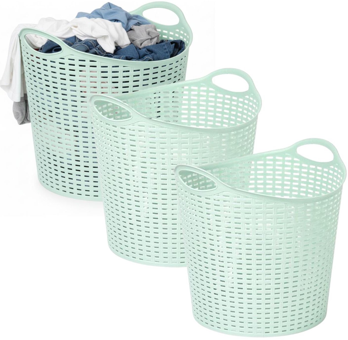 Plasticforte Wasmand opbergmand - 3x - flexibel kunststof - groen - 27 liter - open structuur
