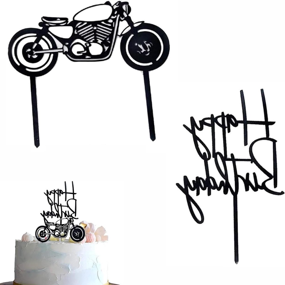 Acryl Taarttopper Set voor Motorliefhebbers, "Happy Birthday" Ontwerp, Perfect voor Verjaardagen en Feestjes, Geschikt voor Kinderen en Volwassenen