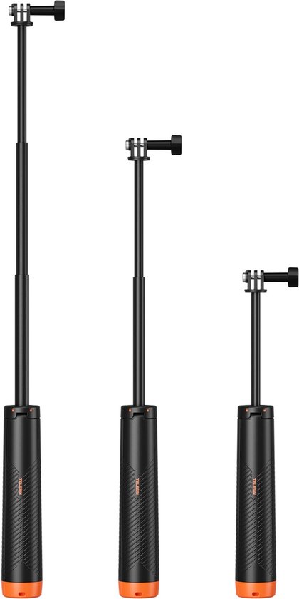 Drie zwarte action cam selfie sticks van verschillende lengtes, met oranje doppen aan de onderkant.