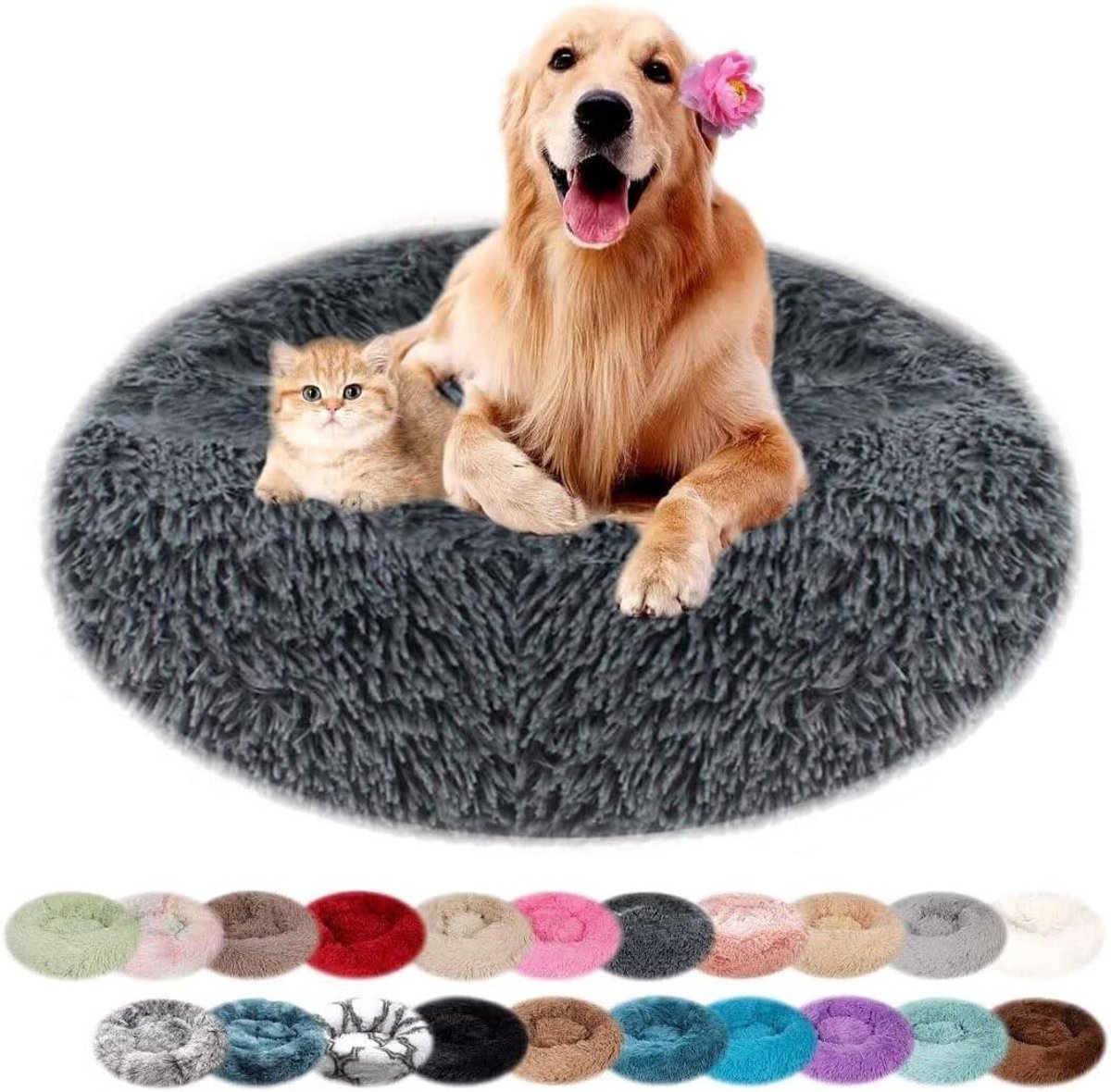 Hondenbed Rond - Kattenmand Pluche - Comfortabel Slapen - Verhoogde Knuffelrand - 40 cm - Donkergrijs