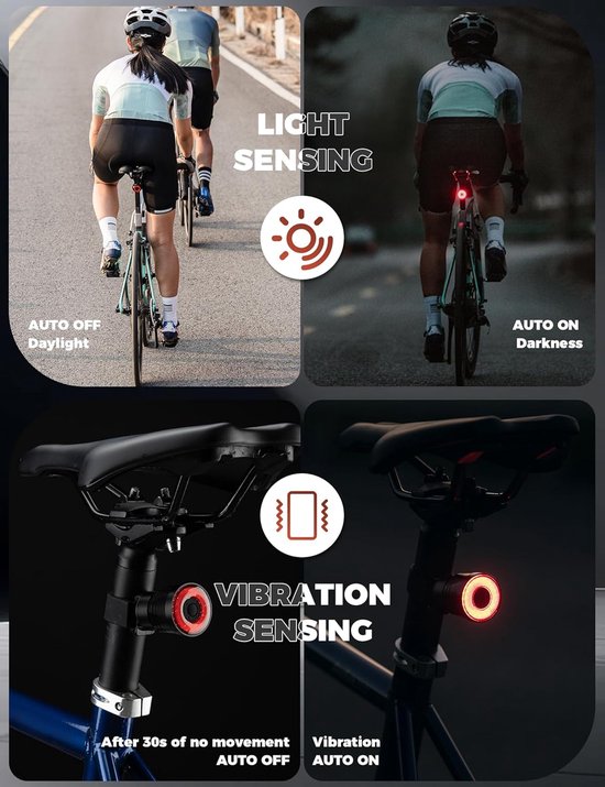 Fiets Achterlicht - Fietslamp Rem Sensor - Veilig Fietsen - Slimme Rem Sensor - 40x34x34 mm - Zwart — afbeelding 5