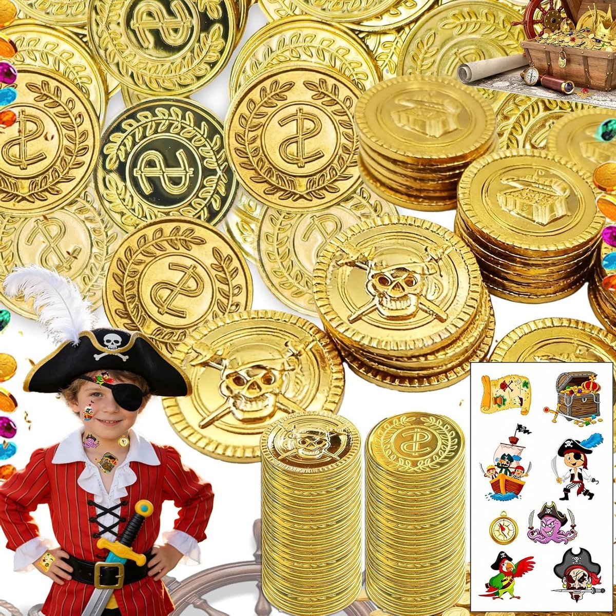 50 Stuks Piraten Gouden Munten en Tattoos voor Kinderen, Perfect voor Piratenfeesten en Schatzoektochten