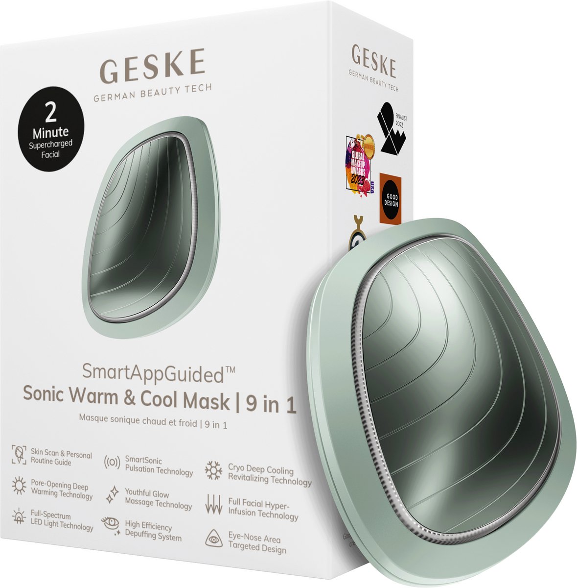 GESKE | SmartAppGuided™ Sonic Warm & Cool Mask | 9 in 1 | Beauty LED-gezichtsmasker | Volledig LED-spectrum en roodlichttherapie | Warmte | Koeling | Verhoogde inname van gezichtsverzorging
