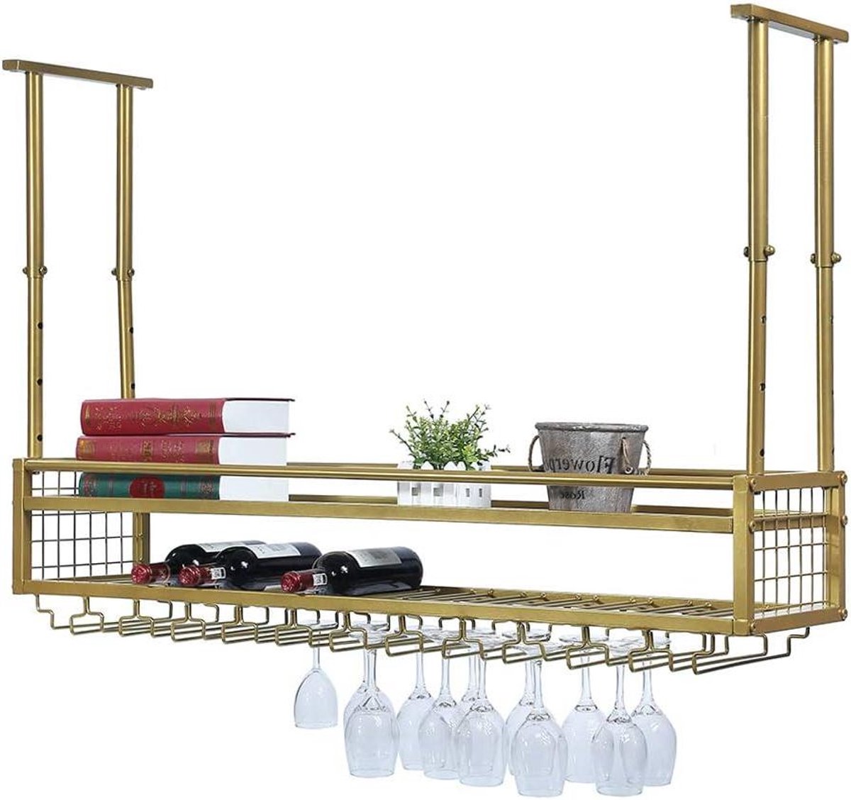 Hangend Wijnrek - Glazen Houder - Wijn Opslag - 2-Laags Plankontwerp - 47 Inch - Goud