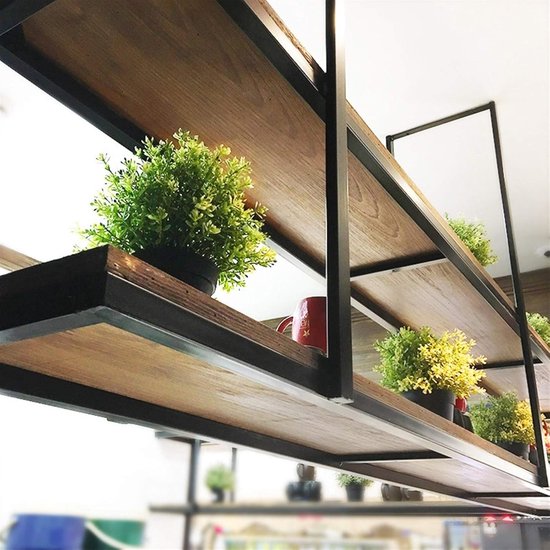 Étagère à plantes suspendue au plafond 140x30x80 cm – Étagère murale et de plafond industrielle en fer pour plantes, fleurs et décoration – Étagère suspendue flottante pour cuisine, balcon, bar et salon – Design rustique – HomebyNicole