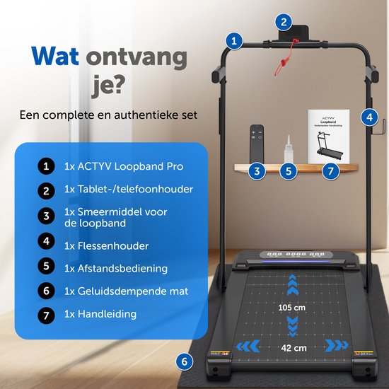 Inhoud van de verpakking: Loopband, tablet-/telefoonhouder, smeermiddel, afstandsbediening, mat en handleiding.