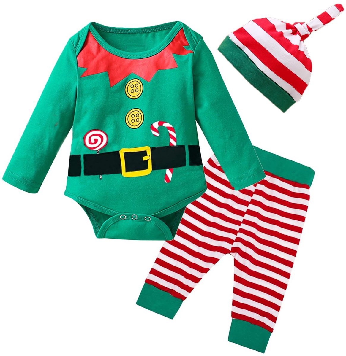 VT Goods - Babyrompertje - Kerstoutfit - Schattig en comfortabel - Gestreepte broek - Mijn eerste Kerstmis - Voor jongens en meisjes - Met elfenmuts