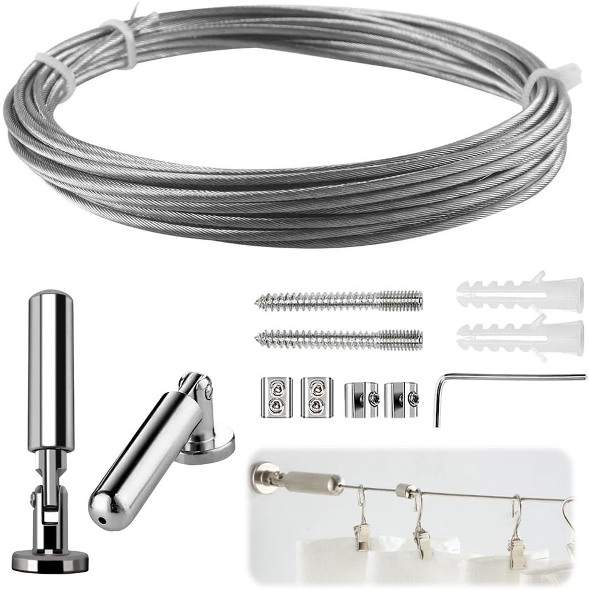 SPHProducts - RVS Gordijn Touw 5 m - Wandmontage - Interieurdecoratie - Foto Hangers - Sterk en Duurzaam - Zilver - Geschikt voor Thuisgebruik - Moder