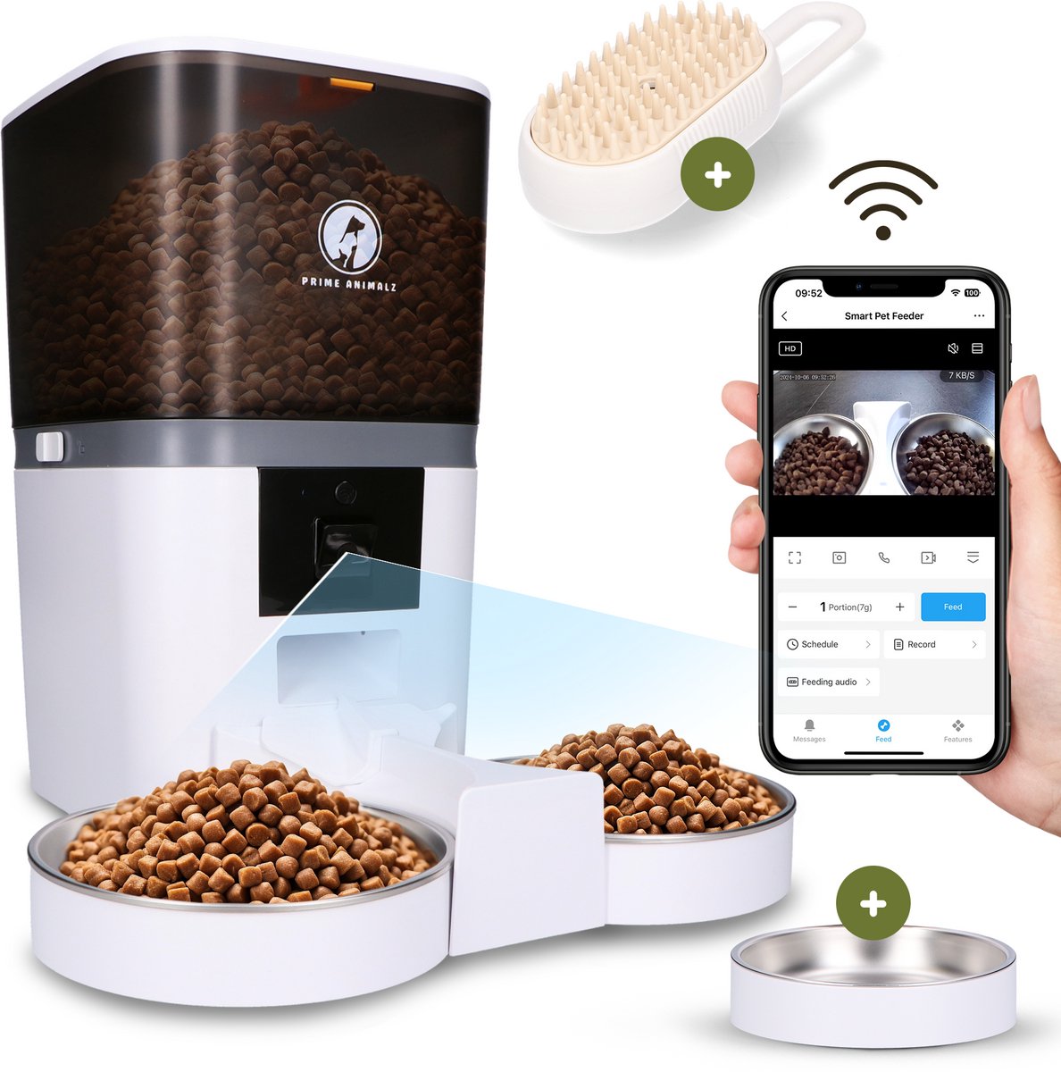Automatische Voerbak Kat en Hond 6L met Stoomborstel – Voerautomaat met Camera – Full HD 1080P Night Vision – Two-Way Audio – Enkele Voerbak – App-bediening – Voerschema Instellen – Kattenvoerbak Automatisch – Smart Pet Feeder – Prime AnimalZ – Wit