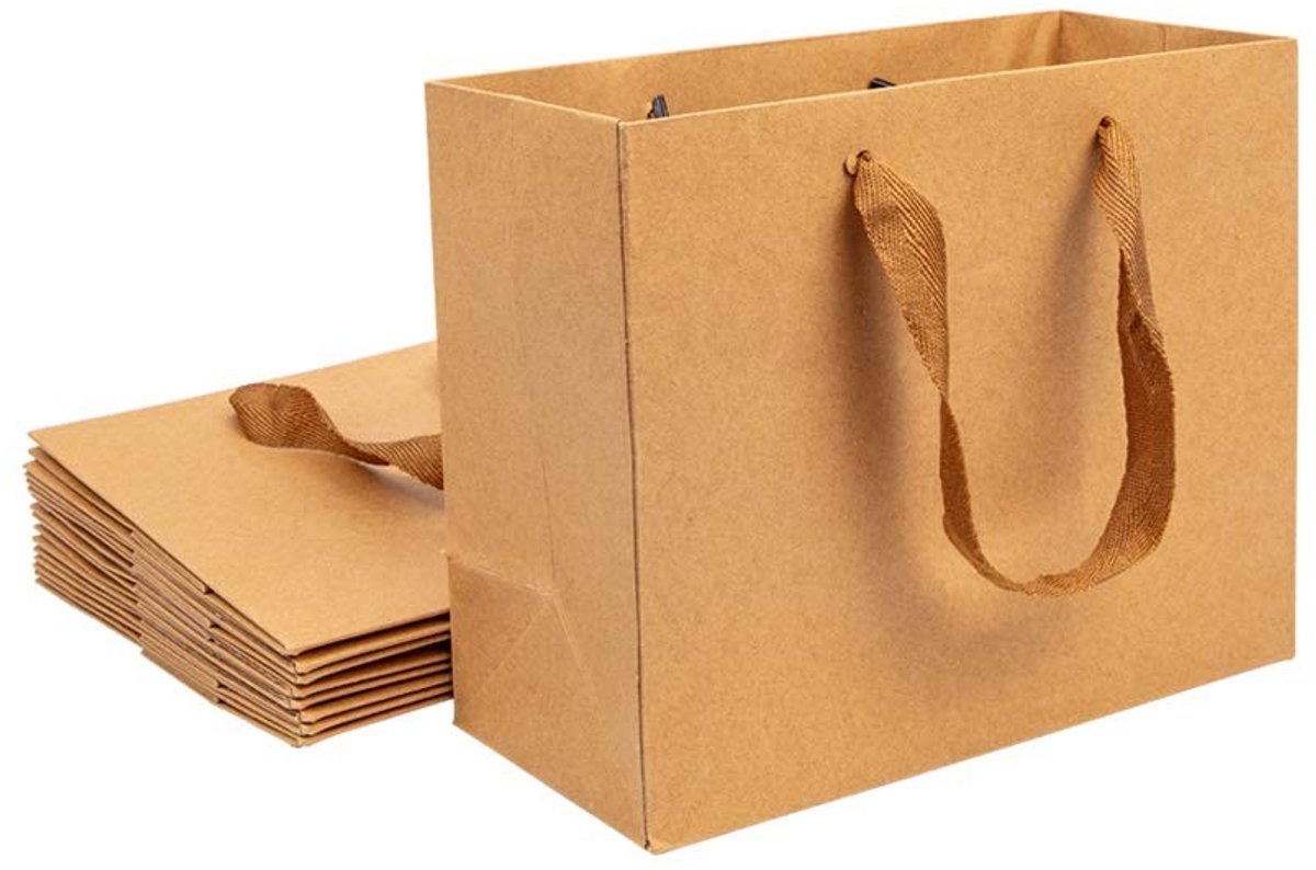 Allecto- Papieren cadeauzakken - Traktatie - Stevig - Kraftbruin - Feestbenodigdheden - Snoepgoed - Verjaardag - Bruiloft - 10 stuks - 22x18x10cm