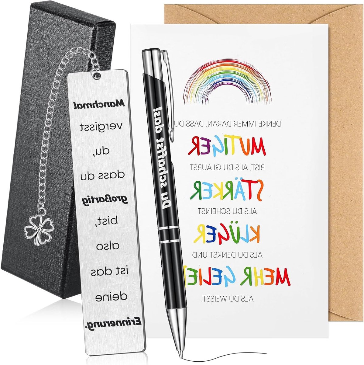 Inspirerende cadeau sets met gegraveerde boekenleggers, metalen balpen, motiverende kaart en kraft papieren envelop voor vrienden, familie en collega's