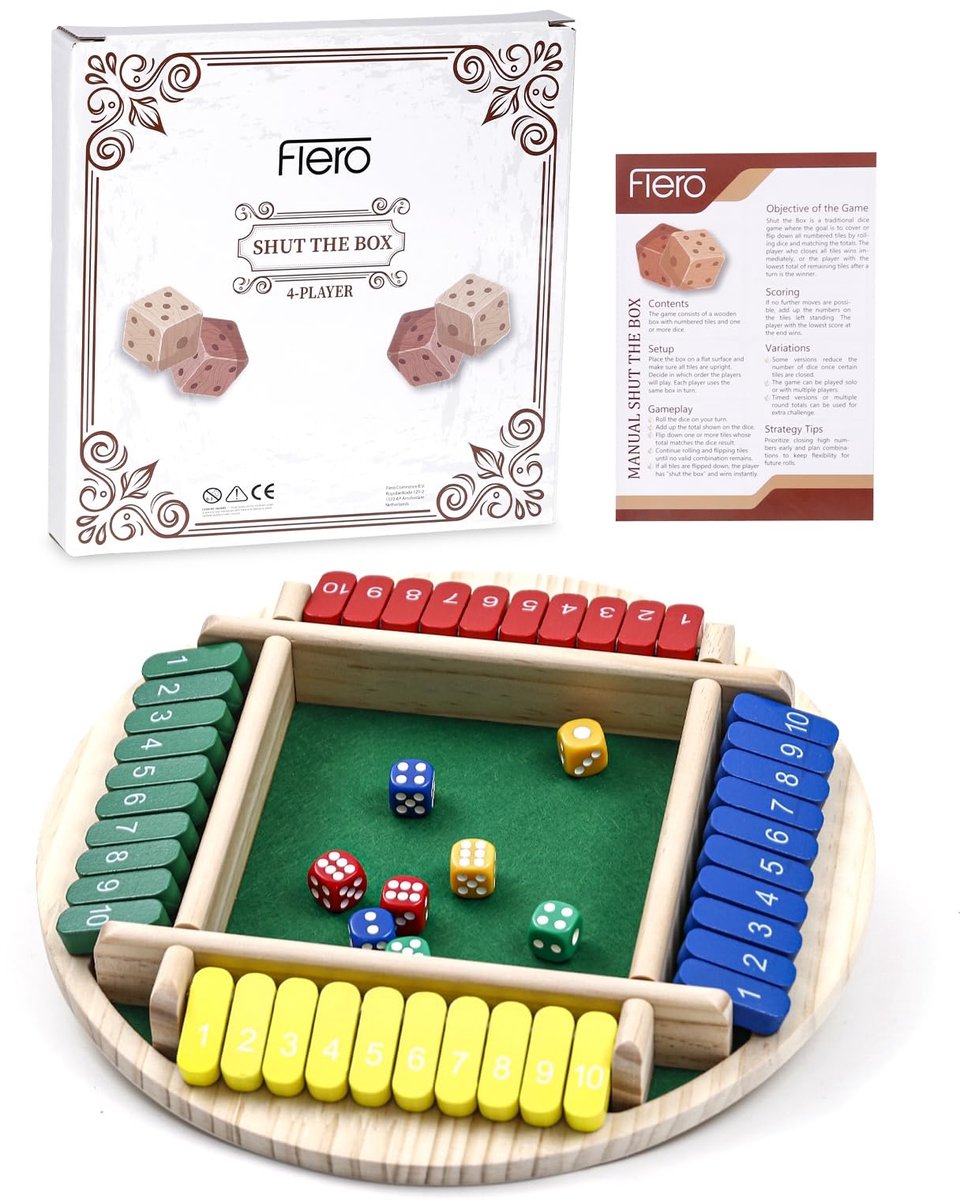 Flero Shut The Box, Houten Dobbelspel, Klepspel - Rond 4 Spelers Familie Bordspel met 8 Dobbelstenen en Vrolijk Kleurrijk Speelbord - Montessori Tactiek- en Rekenspel voor Kinderen en Volwassenen vanaf 3 Jaar (Meerdere Kleuren)