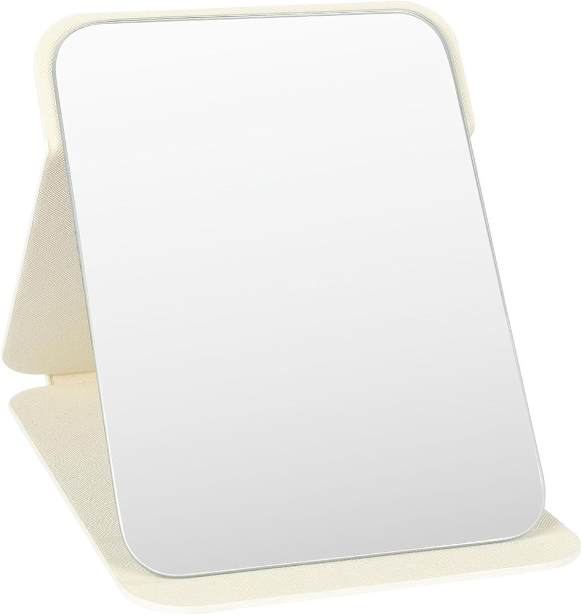 Vouwspiegel voor Make-up, Draagbare Reis Spiegels met Verstelbare Stand, Beige PU Leer, 16 x 11 cm, Compact en Handig voor Thuis en Op Reis