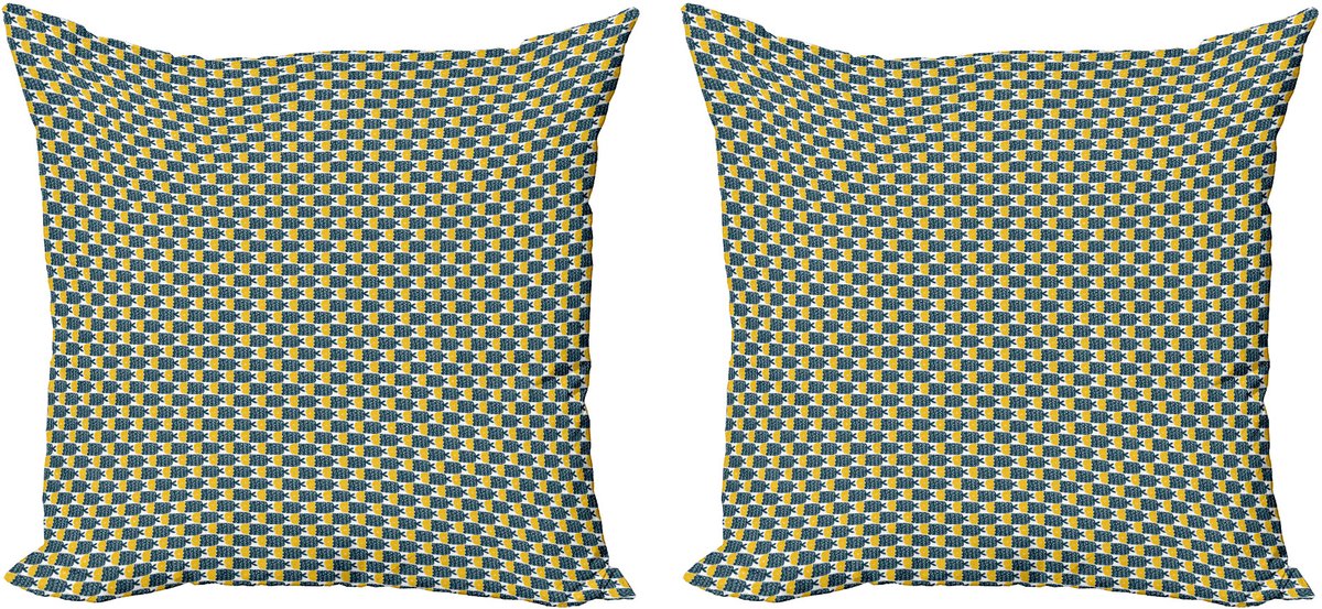 ABAKUHAUS Decoratieve kussenhoes in volkskunststijl, 2-pack, Abstracte vissen, Modern accent, dubbelzijdige digitale print, 40x40 cm, Petrolblauwgeel Benzine Blauw Geel
