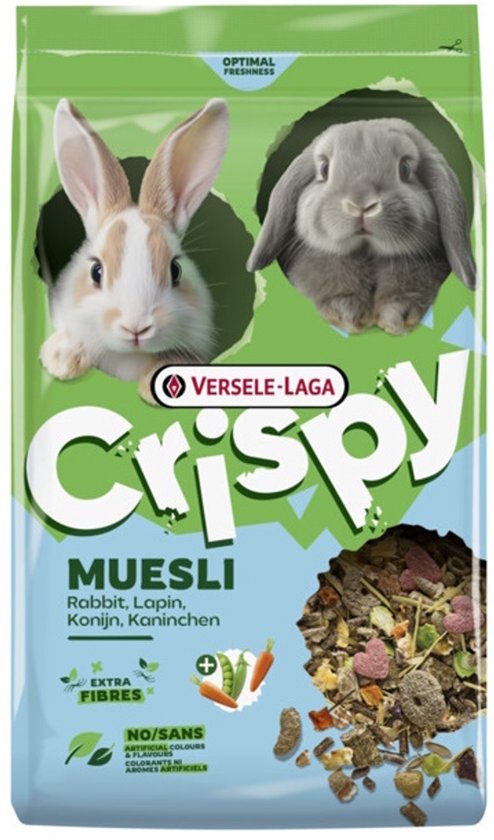 Versele-Laga Crispy Muesli konijnenvoer met konijnenafbeeldingen en extra vezels. Geen kunstmatige kleur- en smaakstoffen.