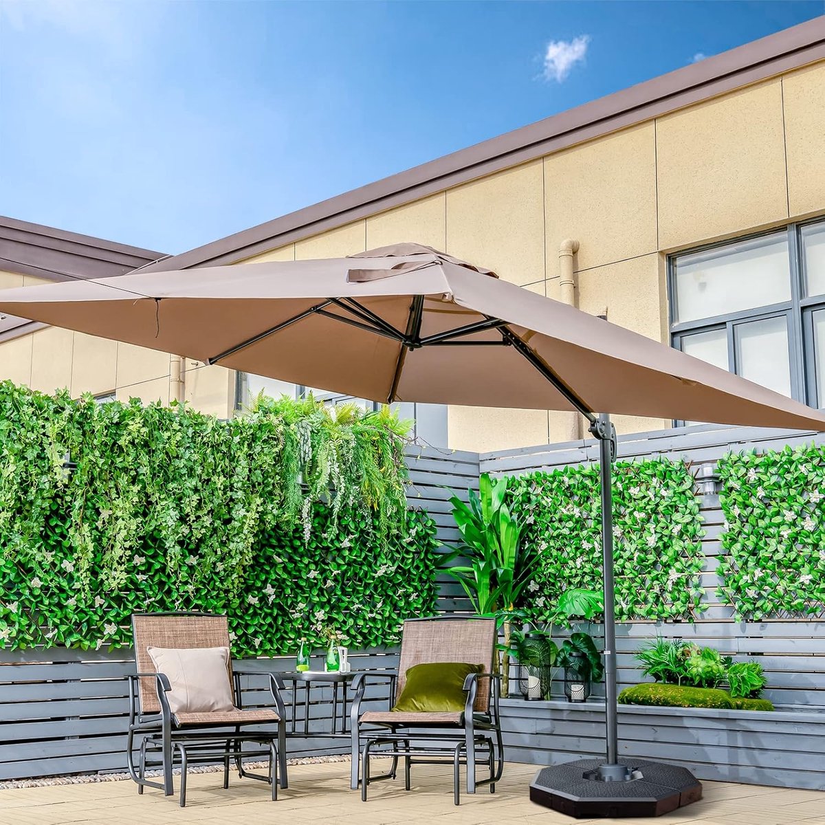 Zweefparasol 300x300 cm Vierkant – 360° Draaibare & Kantelbare Luxe Cantilever Parasol met Zwengel, UV-bestendig Polyester, Stalen Frame & Kruisvoet – Grote Terrasparasol voor Tuin, Balkon, Café & Horeca – Bruin – Faisal
