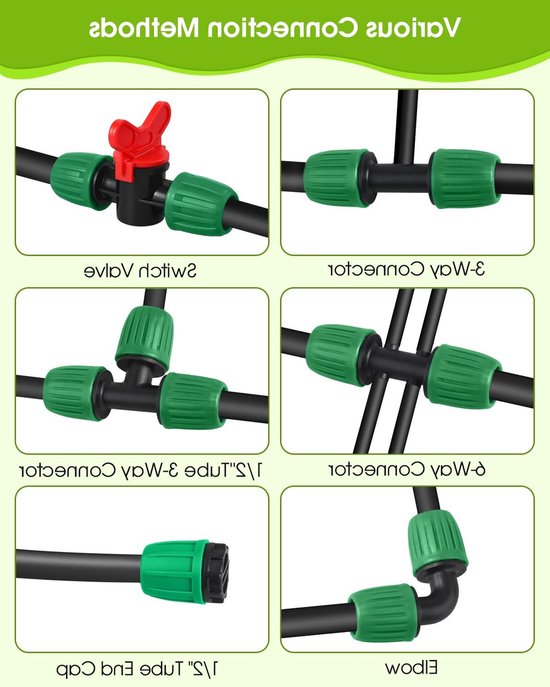 Dailygoods- Druppelirrigatieonderdelen 18 Stuks - Druppelaansluitingen - Irrigatiebuis - Lekvrije Verbinding - Waterdicht - Veilig Twist-Lock Mechanisme - Irrigatiesysteem van Dailygoods — afbeelding 2