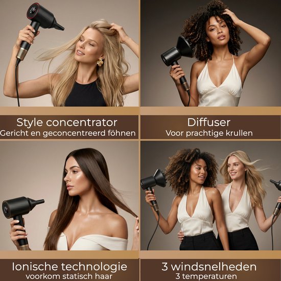 Wellshine Föhn met Diffuser - Ionische Haardroger voor Krullen & Stijl - Haarföhn - Reisföhn - Coolshot - 3 Standen - Föhn met Borstel - Incl. 4 Opzetstukken - Sèche Cheveux - Hairdryer - 1100W