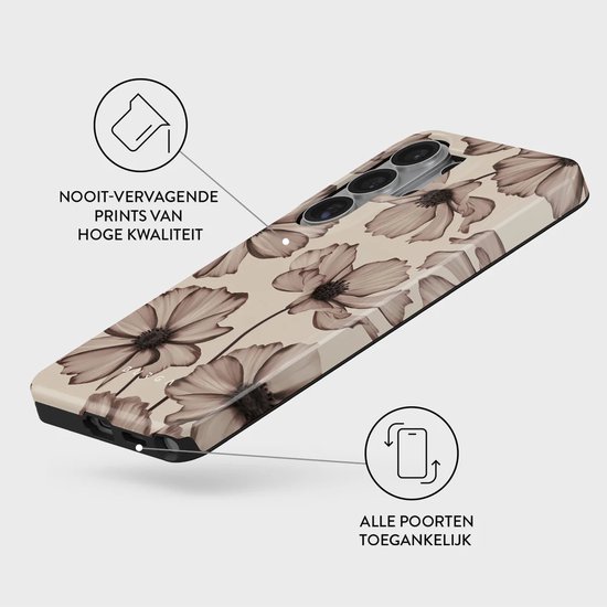 Telefoonhoesje met bloemenprint, met tekst 'NOOIT-VERVAGEND PRINTS VAN HOGE KWALITEIT' en 'ALLE POORTEN TOEGANKELIJK'.