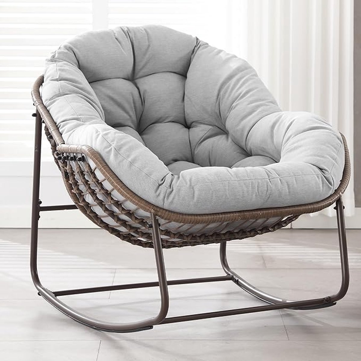 Schommelstoel Papasan – Extra Brede Rattan Lounge Stoel met Dik Kussen (15 cm), Ei Schommelstoel voor Tuin, Balkon en Woonkamer Groen – Dader