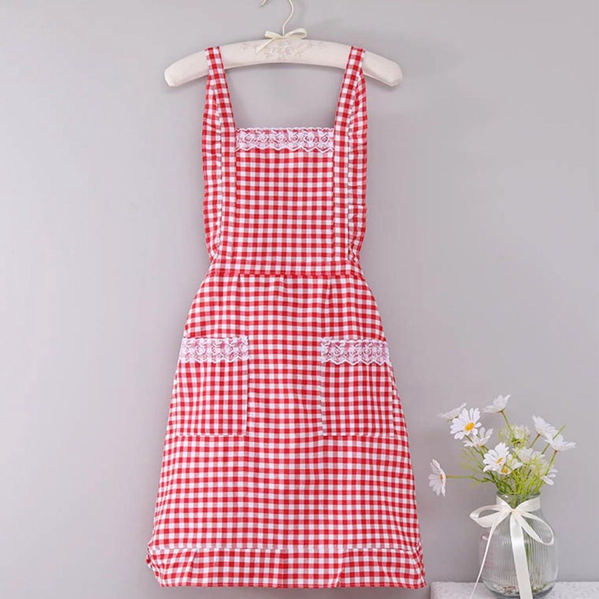 Wit geplooid kanten schort, damesmodel, geschikt voor koken, bakken en tuinieren, rood.