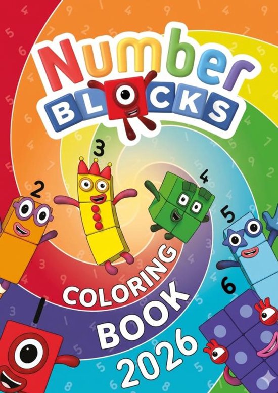 Numberblocks Kleurboek 2026 met gekleurde blokken en cijfers op een regenboogachtergrond.