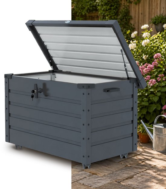 Coffre de jardin - Boîte de rangement extérieure - Boîte de jardin - Boîte de rangement avec coussins - résistant aux intempéries - 4 roulettes - Gris foncé