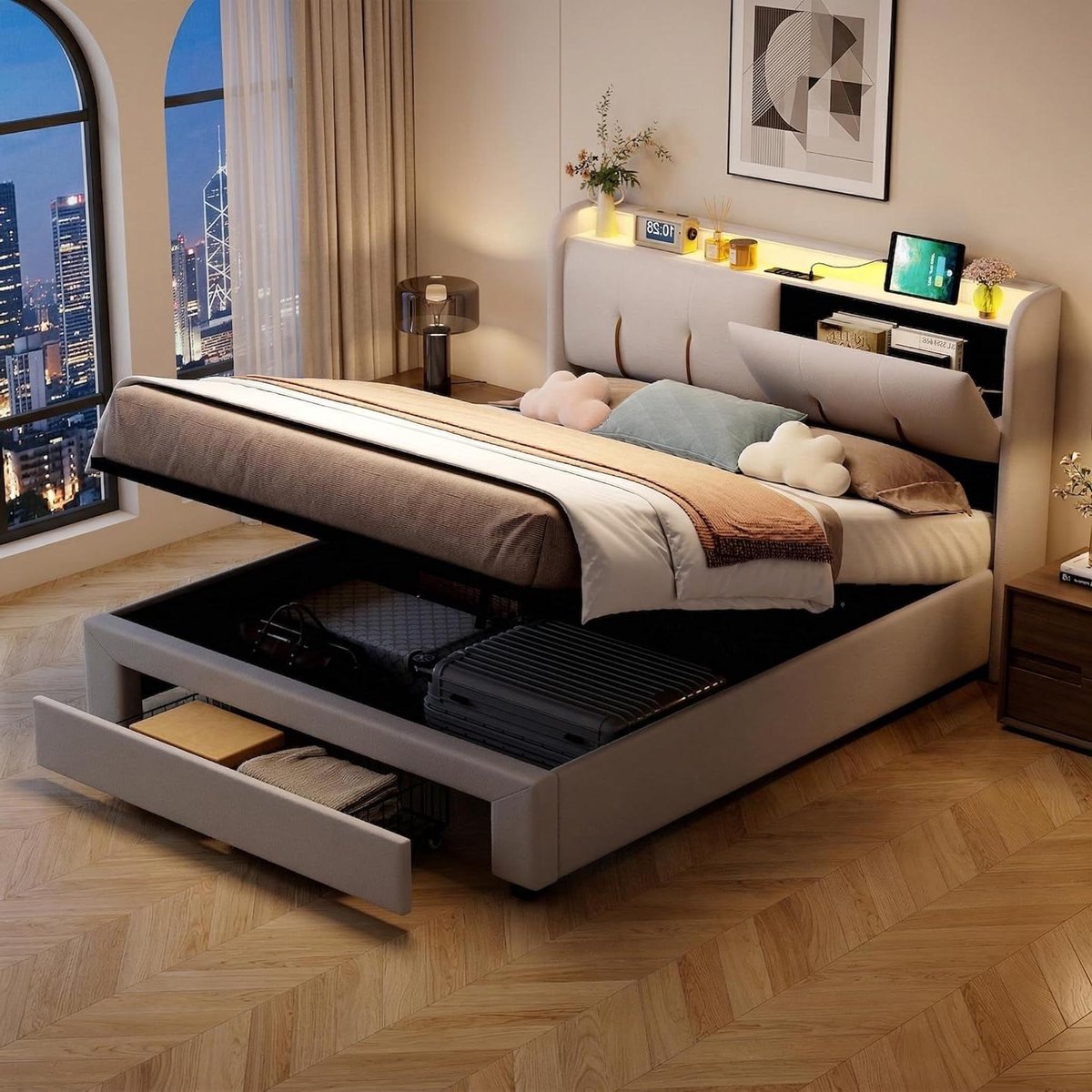 Luxe Tweepersoons Bed 160x200 met Opbergruimte, LED Verlichting & USB – Hydraulisch Opbergbed met Fluwelen Hoofdbord & Lattenbodem – Smart Bedframe met Lade & Planken – Beige | Mobili Bella