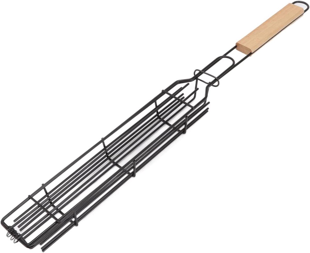 Grillmand - Barbecue mand - Buiten koken - Hout handvat - 49 cm lengte - Houtkleur