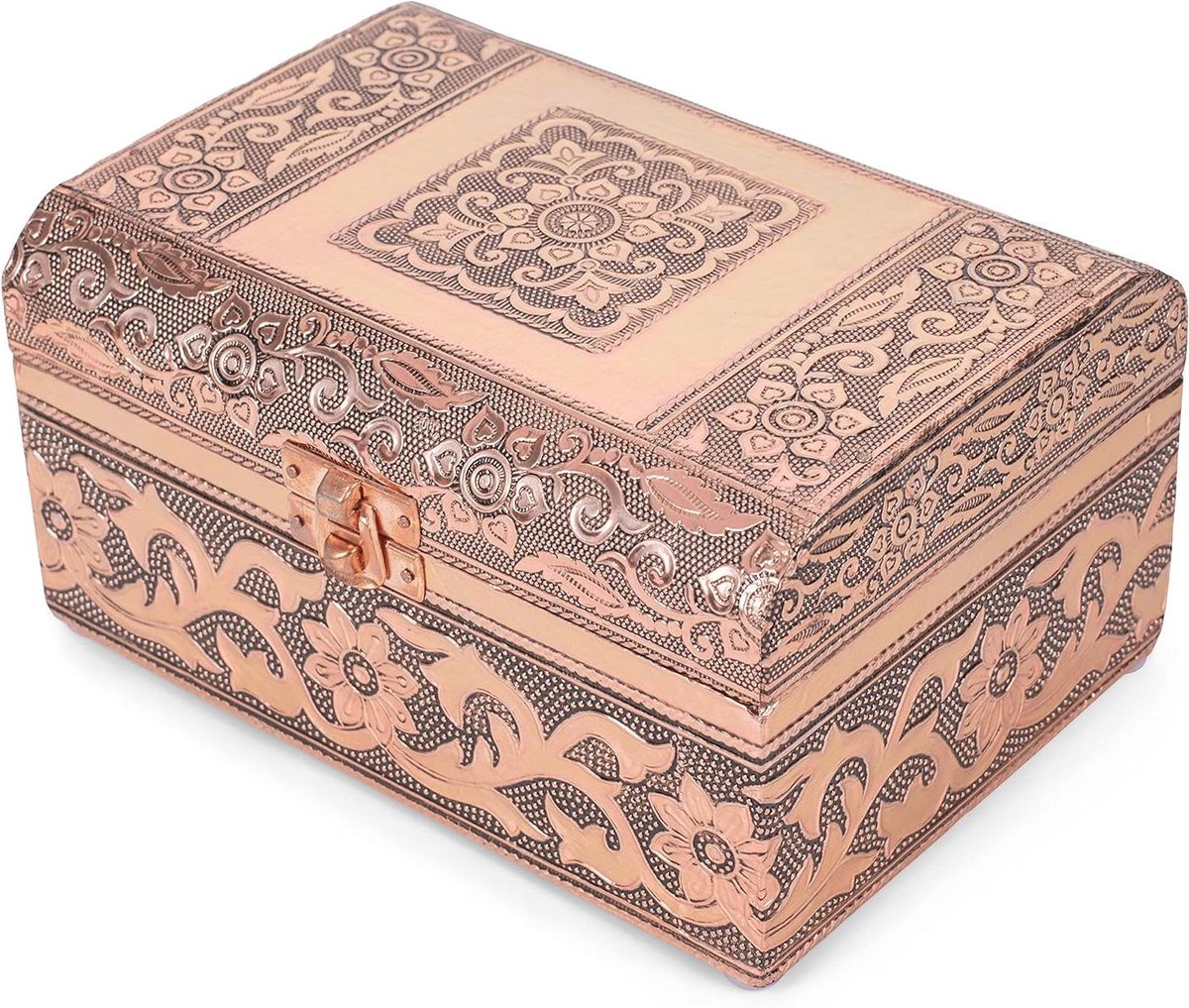 Marokkaanse Tegel Souvenir Doos - Decoratieve Opbergdoos - Sieraden Opbergen - Koperkleurig Metaal - 18 x 13 x 9 cm