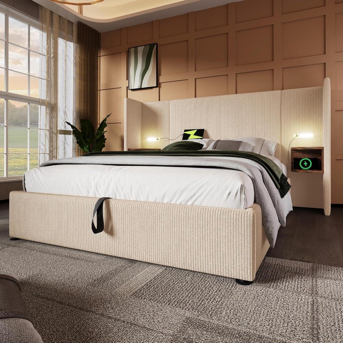 Gestoffeerd Bed - Opbergbed Bedframe - Slaapkamer Inrichten - Met Nachtkastje - 160x200 cm