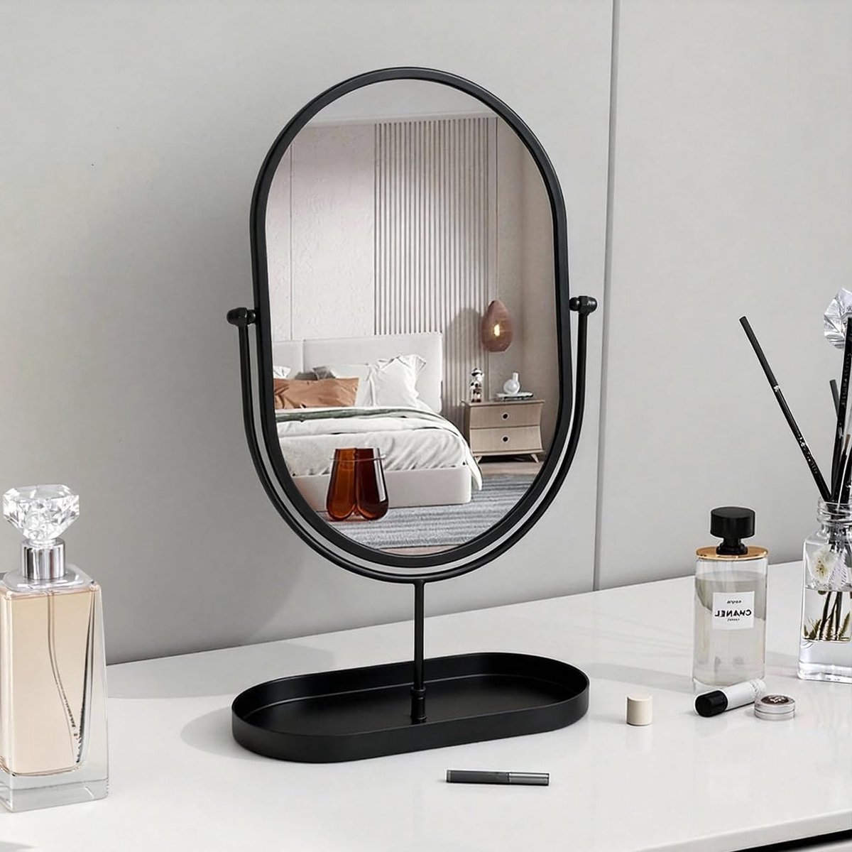 Ronde Make-up Spiegel met Metalen Frame voor Bureau of Kaptafel met Opbergbak - Vrijstaand voor Badkamer en Slaapkamer