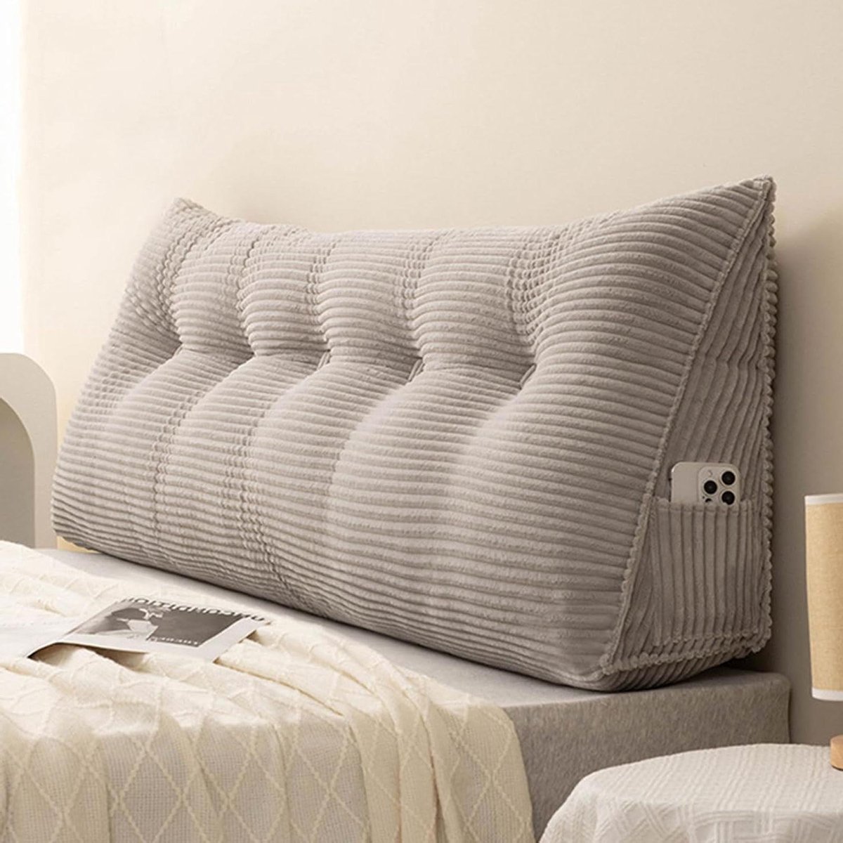 Wigkussen - Leeskussen Rugsteun - Comfortabel Lezen - Afneembare Hoes - 100x50x20cm - Lichtgrijs