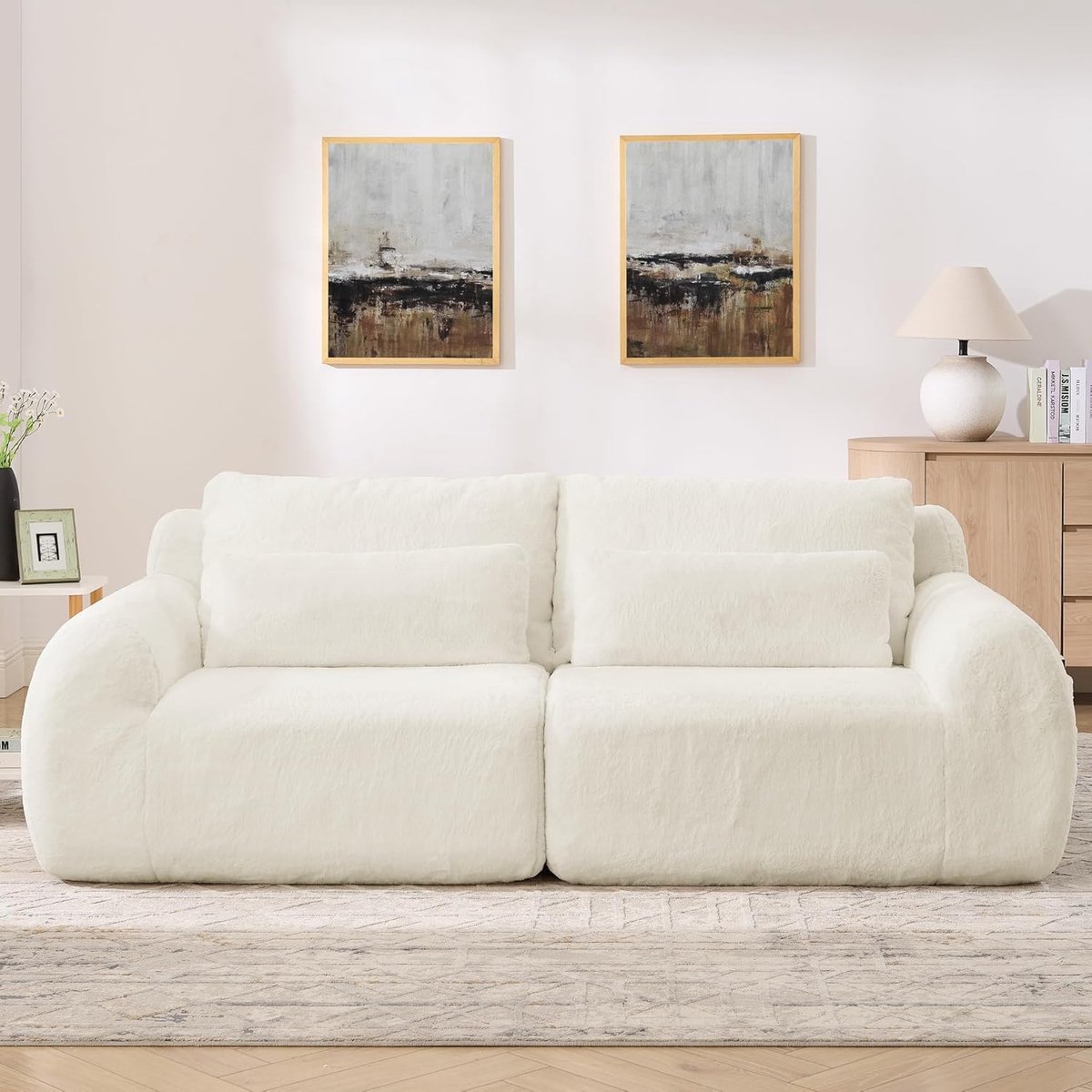 Luxe Frameloze Cloud 2-Zits Sofa Loveseat met USB Oplaadpoort, Zijvak voor Tijdschriften en Hoog Veerkracht Comfort 208 x 101 x 81 cm – Beige